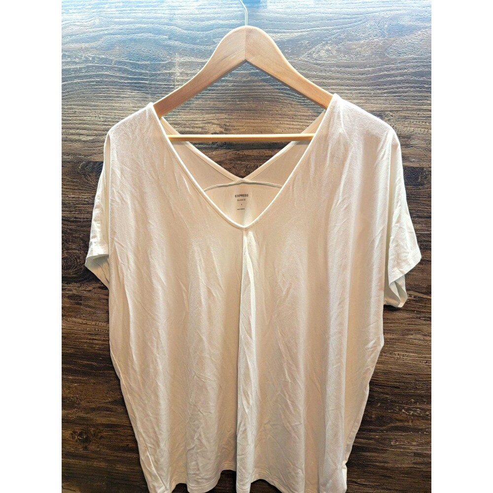 Express Womens Relaxed Fit V-Neck Cotton Knit Tee Solid White Sz S